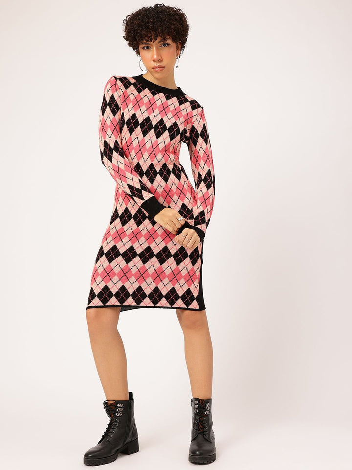 DressBerry Pink and Black Geometric Knee Length Jumper Dress
