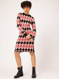 DressBerry Pink and Black Geometric Knee Length Jumper Dress