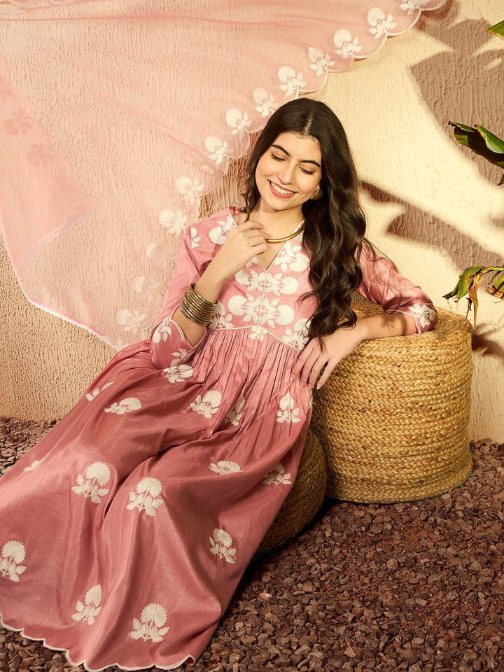 KALINI Women Embroidered Empire Thread Work Kurta with Trousers & With Dupatta