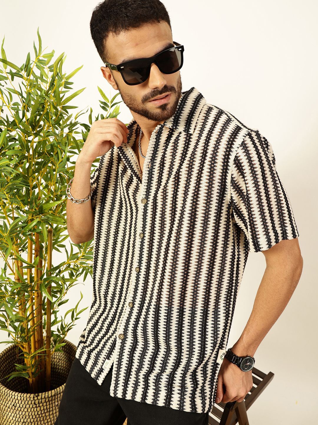 Thomas Scott Men Vertical Stripes Self Design Regular Fit Semi-Sheer Casual Crochet Shirt