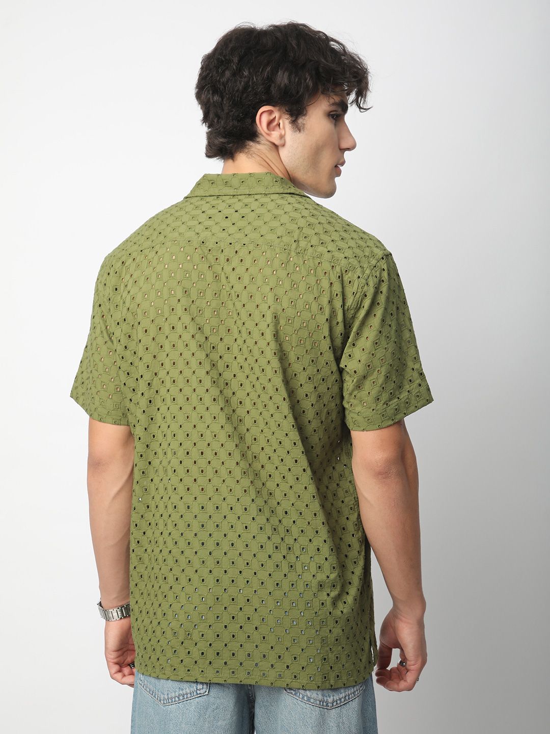 VASTRADO Men Classic Cuban Collar Textured Cotton Oversized Casual Shirt