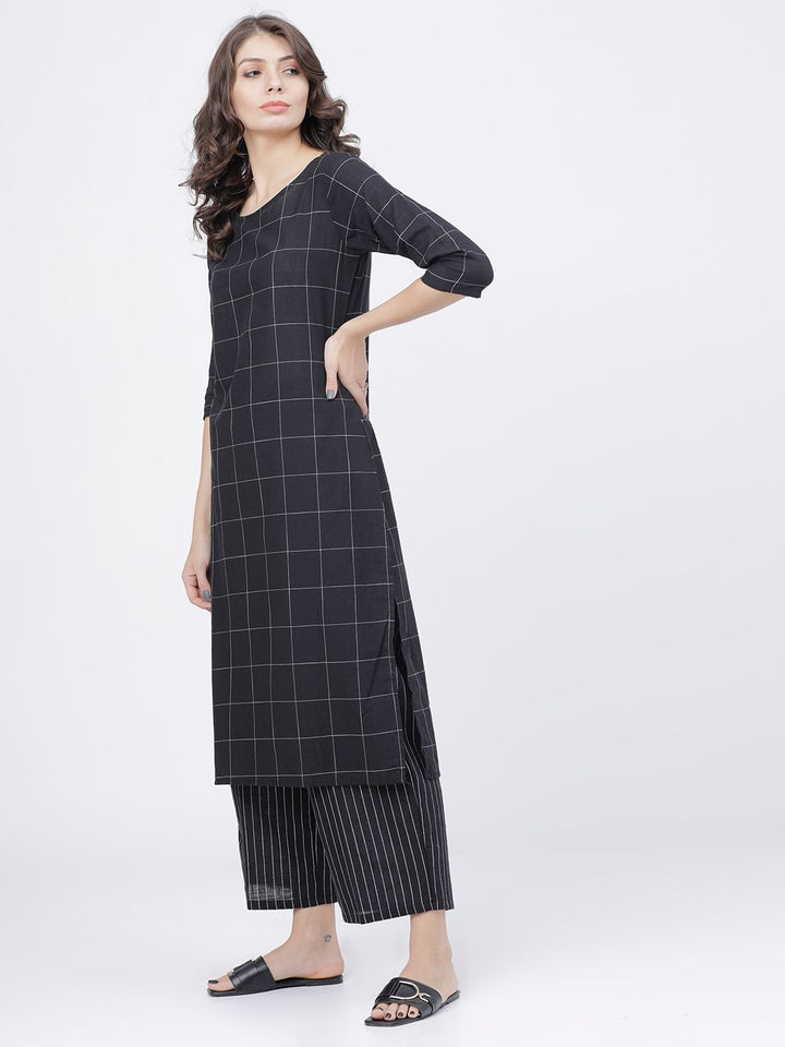Vishudh Women Black & Off-White Printed Kurta with Palazzos & Dupatta