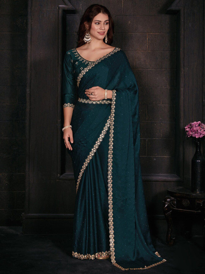 Saree mall Embellished Border Beads and Stones Satin Saree