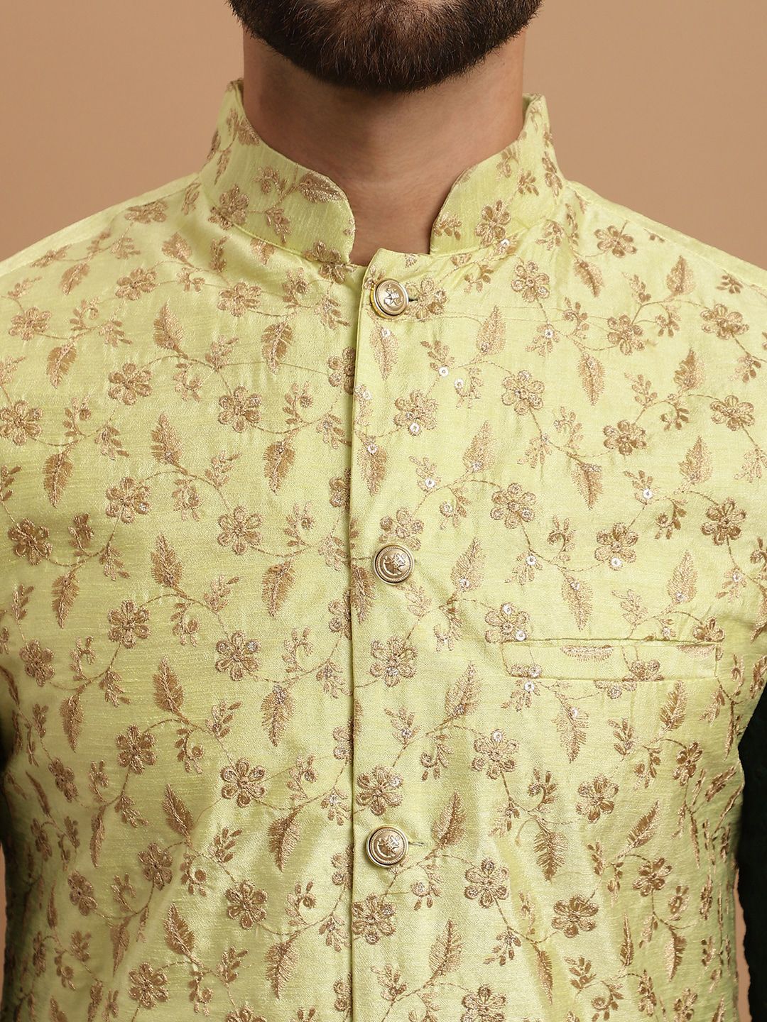 SOJANYA Etnik Sulam Labuci Kapas Tulen Kurta & Churidar Dengan Jaket Nehru