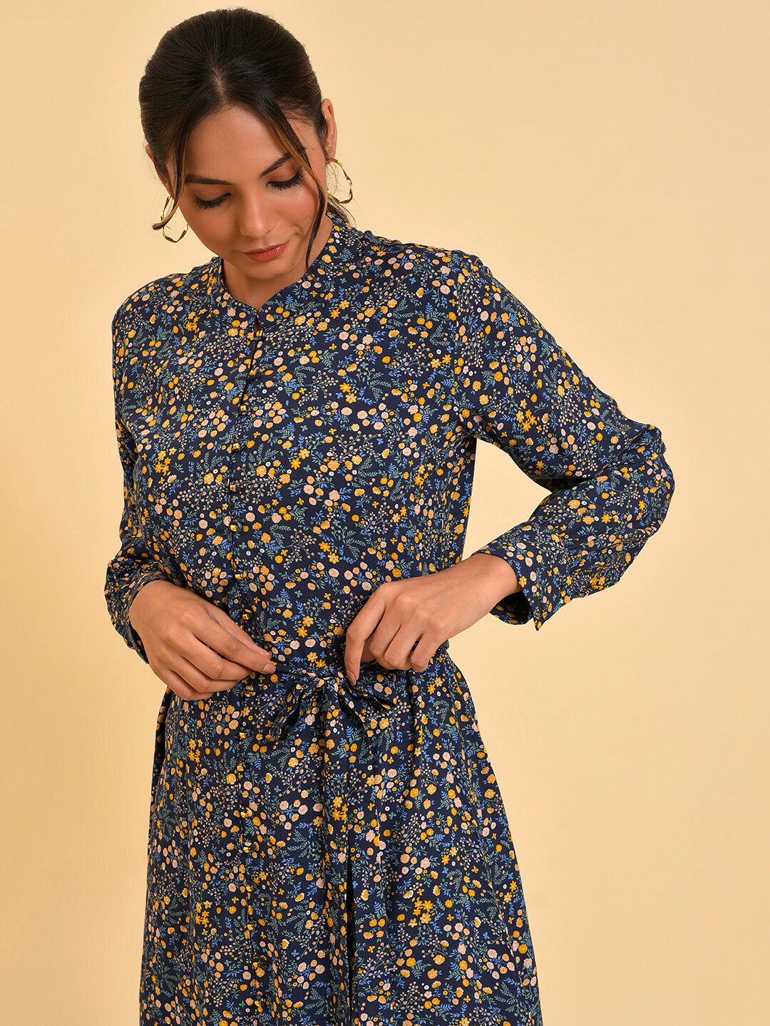 W Blue Floral Printed A-Line Dress With Belt