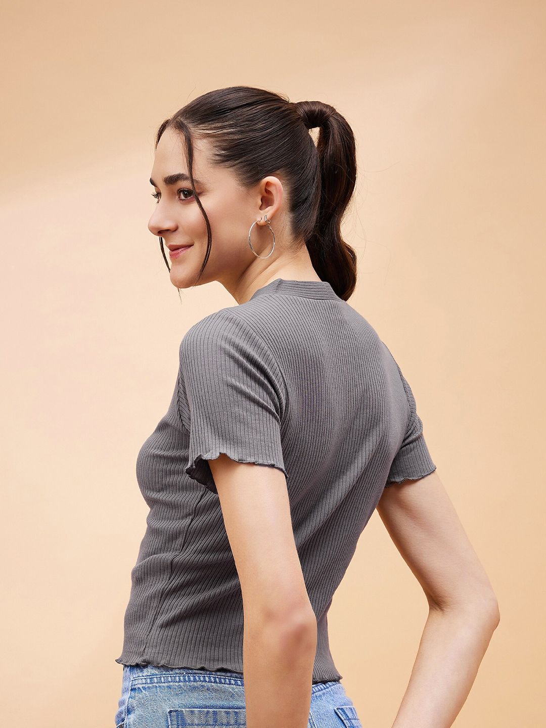 SASSAFRAS BASICS Short Sleeves Cotton Shirt Style Crop Top