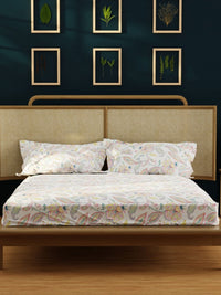 Urban Space White & Pink Printed 200 TC Cotton Single Bedsheet dengan 1 Cover Bantal