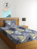 KLOTTHE Grey Leaf Cotton 300 TC Single Fine 2 Bedsheet with 2 Pillow Covers-87 x 59 inches