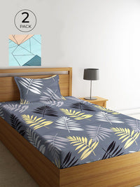 KLOTTHE Grey Leaf Cotton 300 TC Single Fine 2 Bedsheet with 2 Pillow Covers-87 x 59 inches