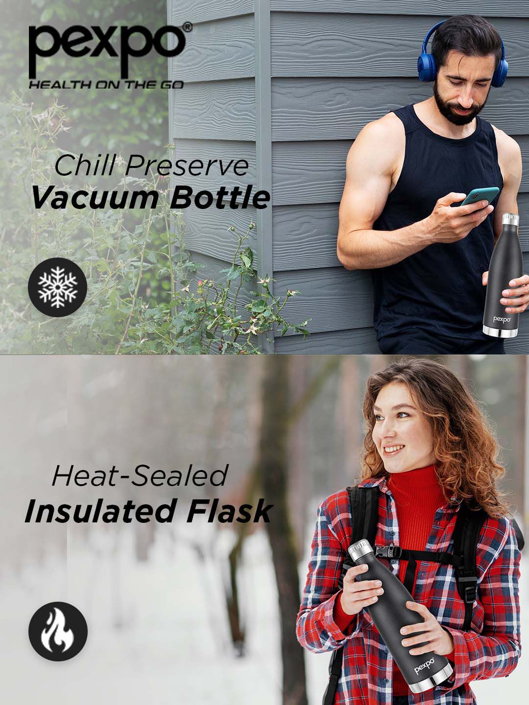 Pexpo Extreme Knight Black ISI Certified Thermosteel Hot & Cold Flask Water Bottle - 830ml