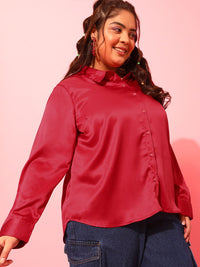 CURVY STREET Plus Size Red Classic Satin Casual Shirt