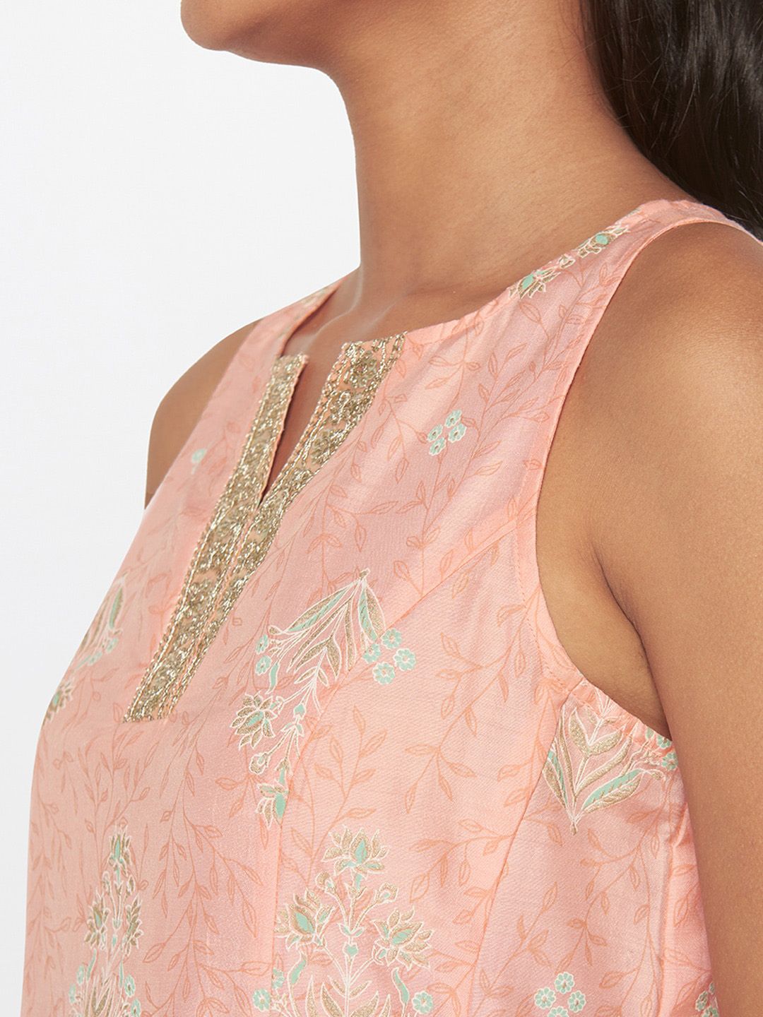 Global Desi Geometric Embroidered Sleeveless Boat Neck A-Line Kurta