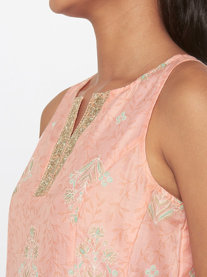 Global Desi Geometric Embroidered Sleeveless Boat Neck A-Line Kurta