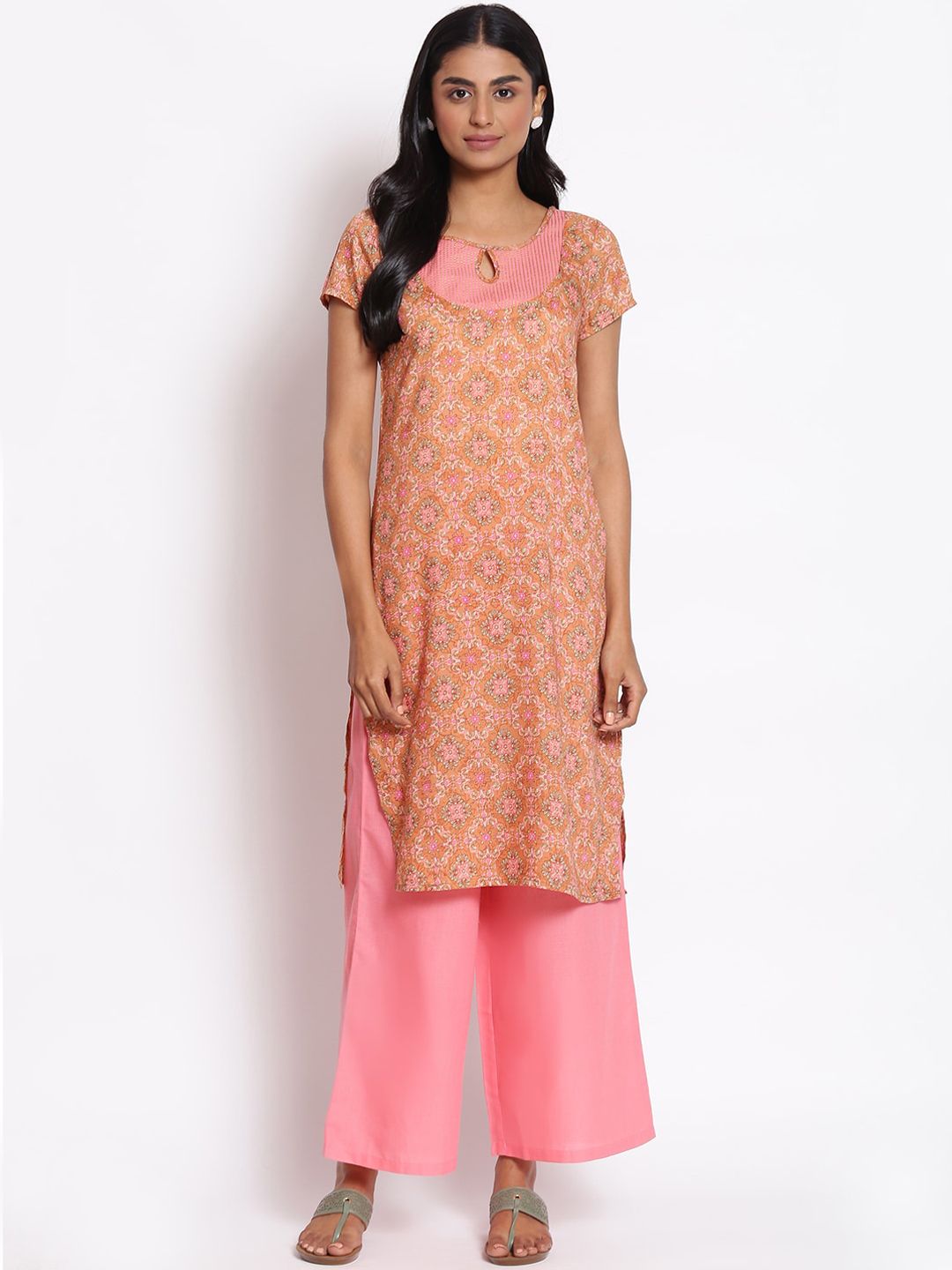 AURELIA Women Brown Floral Printed Thread Work Kurta with Palazzos