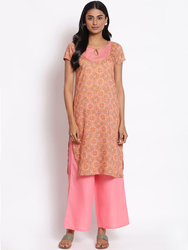 AURELIA Women Brown Floral Printed Thread Work Kurta with Palazzos