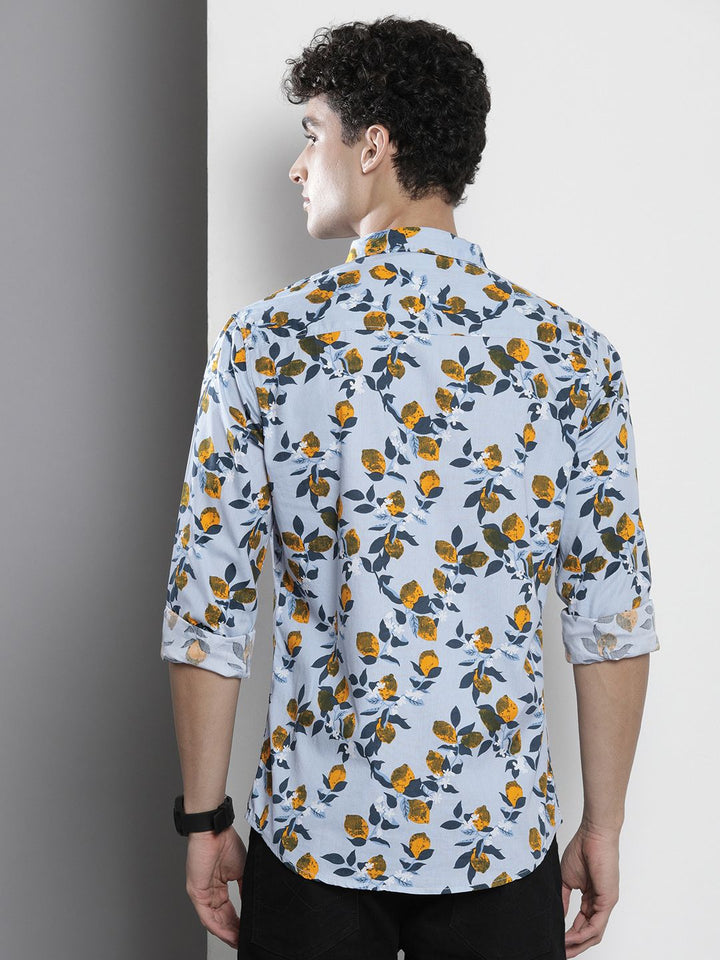 The Indian Garage Co Men Turquoise Blue & Yellow Floral Printed Cotton Casual Shirt