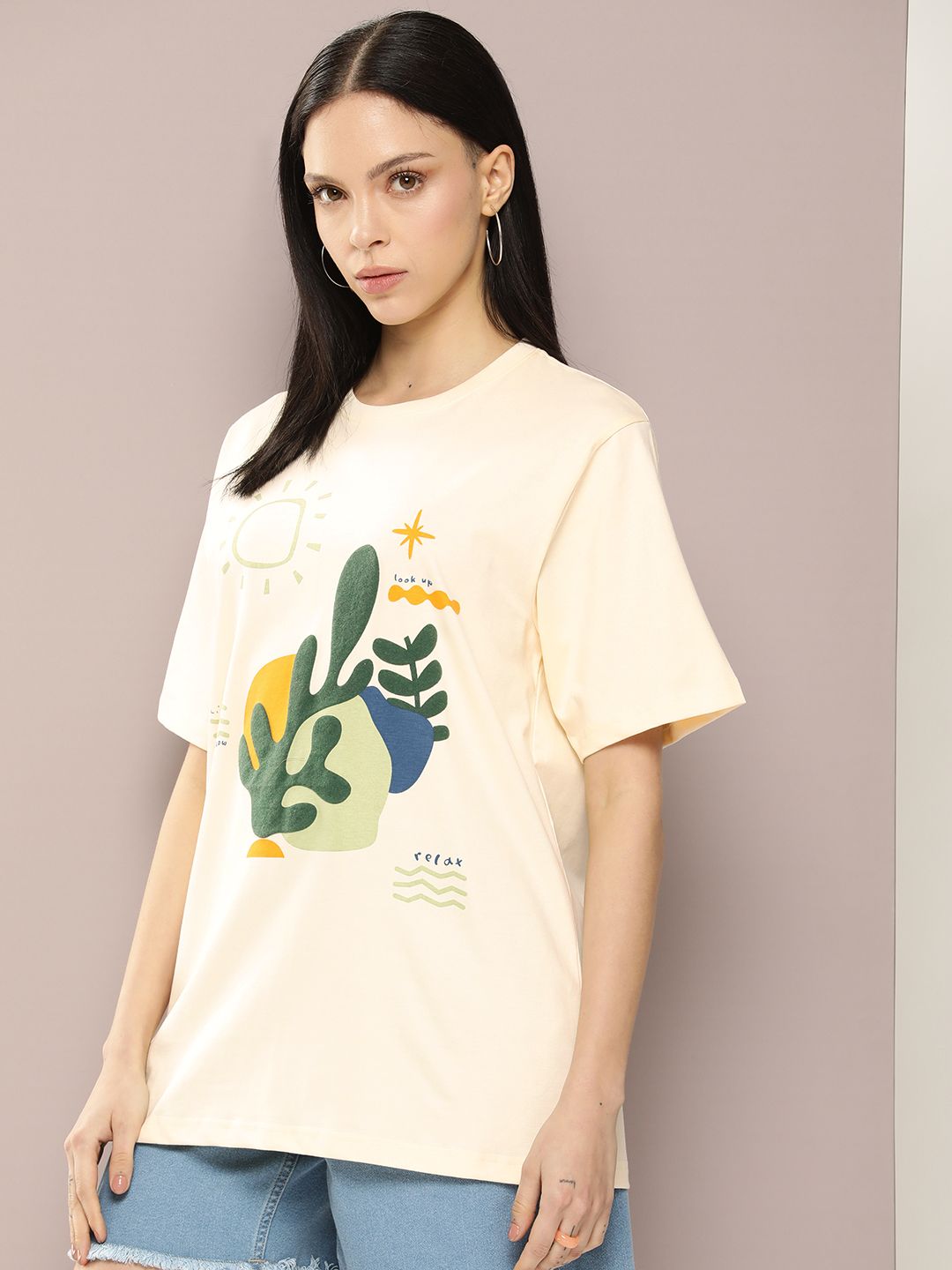 DILLINGER Women Graphic Printed Embossed Oversized T-shirt
