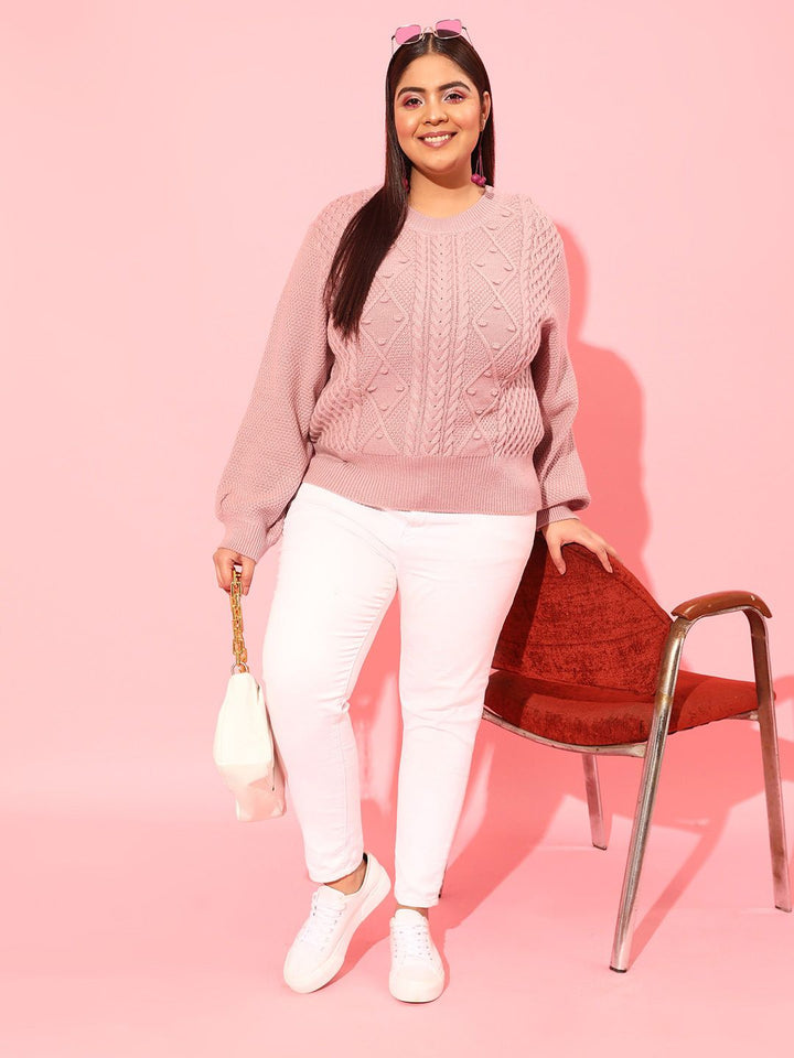 Curvy Street Plus Women Women Pink Cable Knit Acrylic Pullover