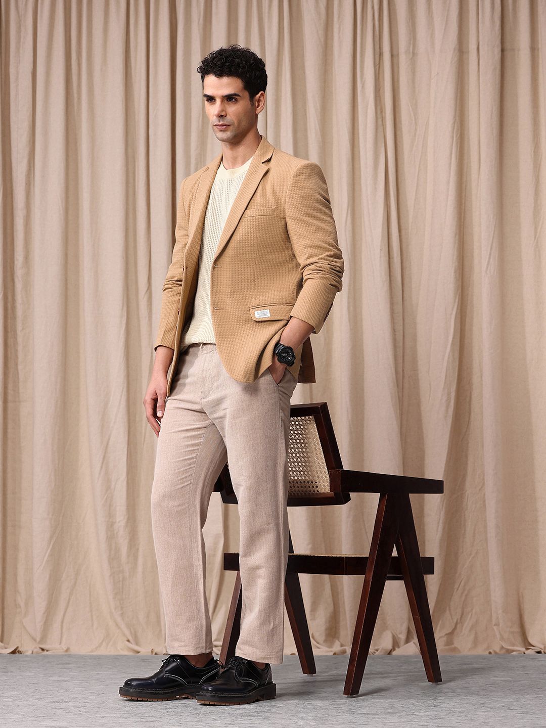 Encik Bowerbird Seersucker Reka Bentuk Diri Selfed Lapel Lapel Casual Blazer