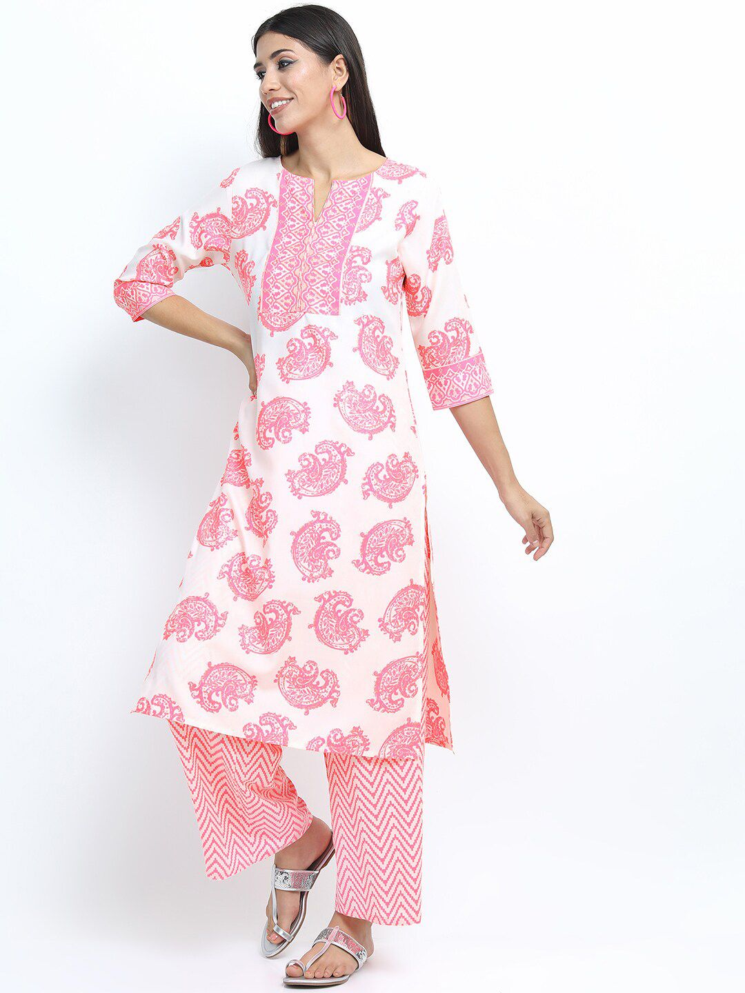 Vishudh Women Off White & Pink Ethnic Motifs Printed Kurta With Palazzos