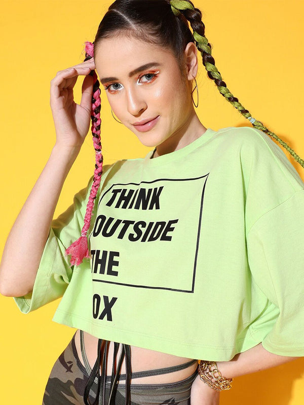 STREET 9 Women Green Printed Cotton Drop-Shoulder Sleeves Boxy T-shirt