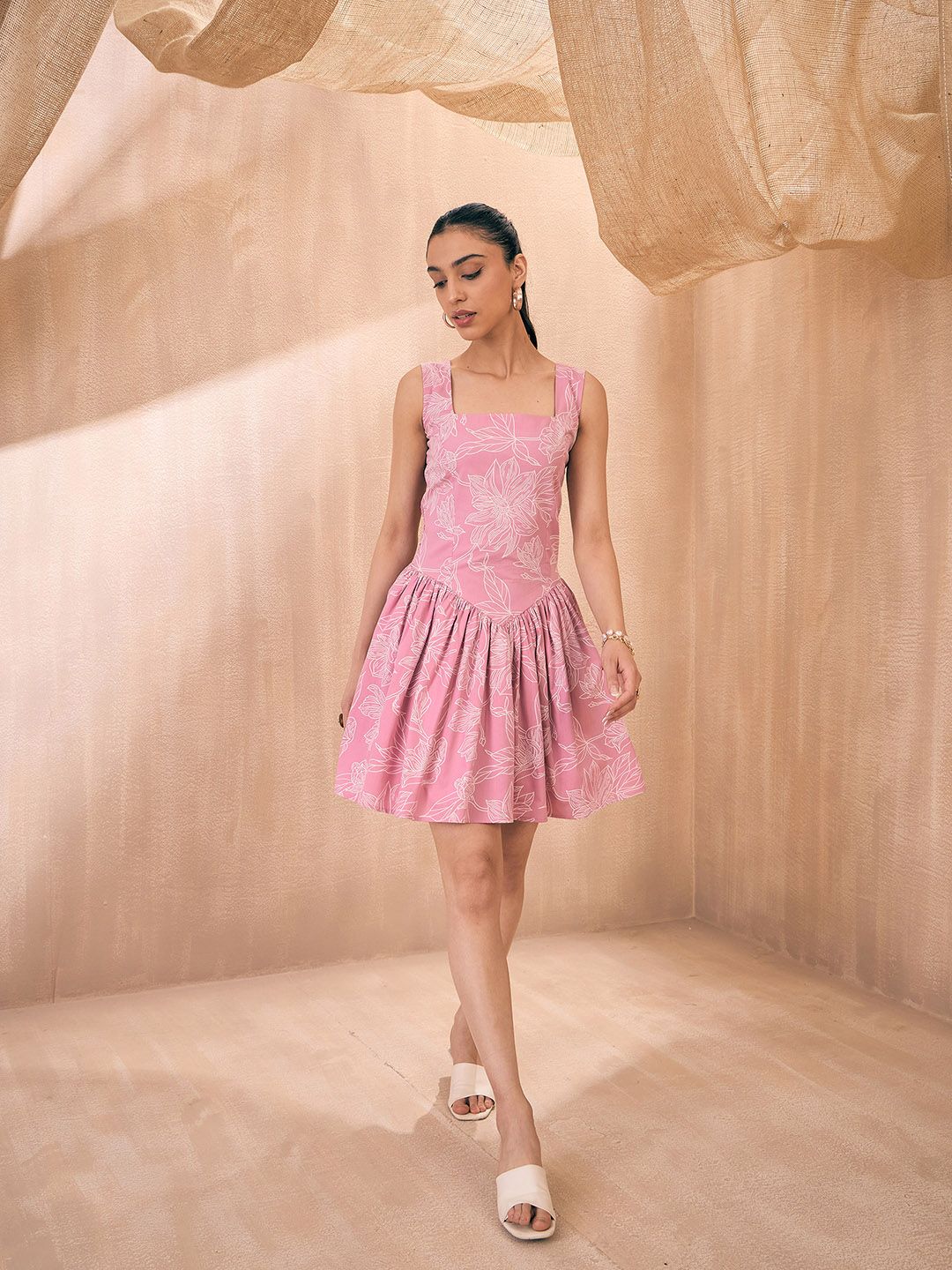 Pink Paprika by SASSAFRAS Pink Floral Printed Sleeveless Cotton Drop Waist Dress