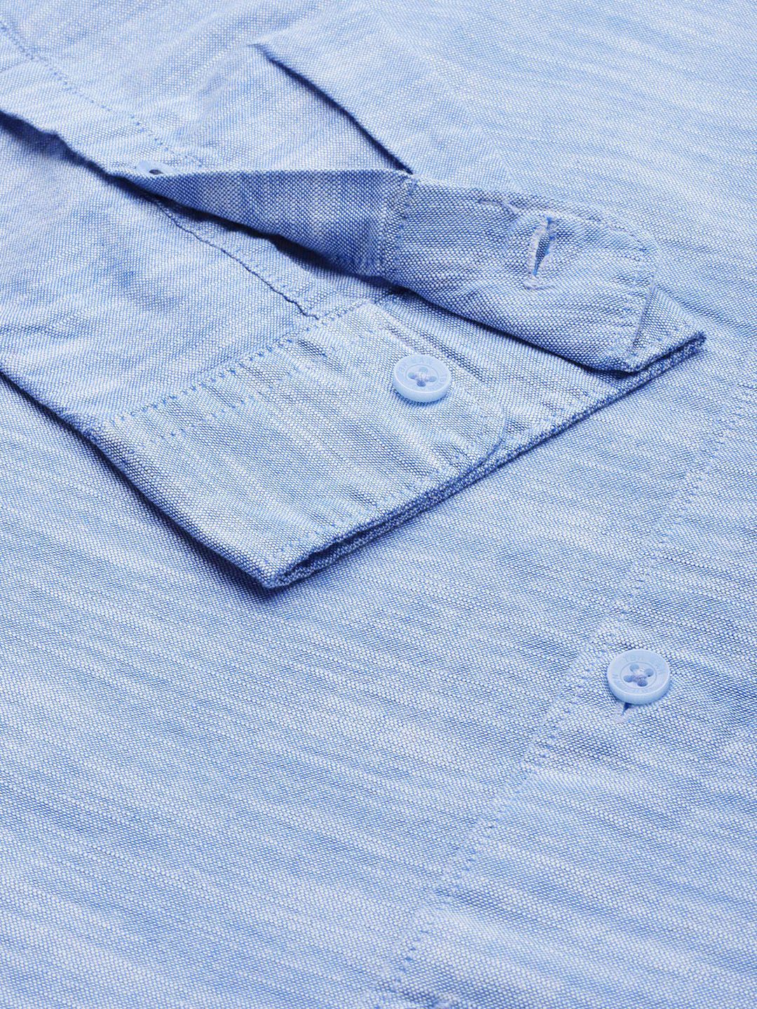 THE BEAR HOUSE Men Blue Self Design Slim Fit Cotton Chambray Shirt