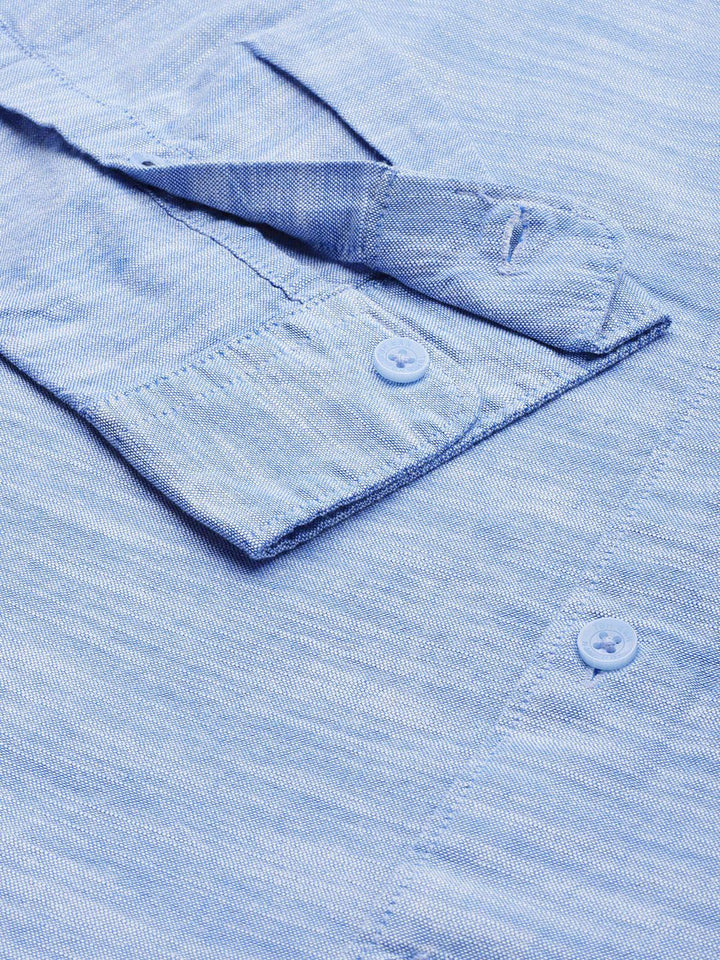 THE BEAR HOUSE Men Blue Self Design Slim Fit Cotton Chambray Shirt