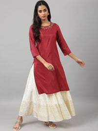 W Women Geometric Print Shantung Straight Kurta