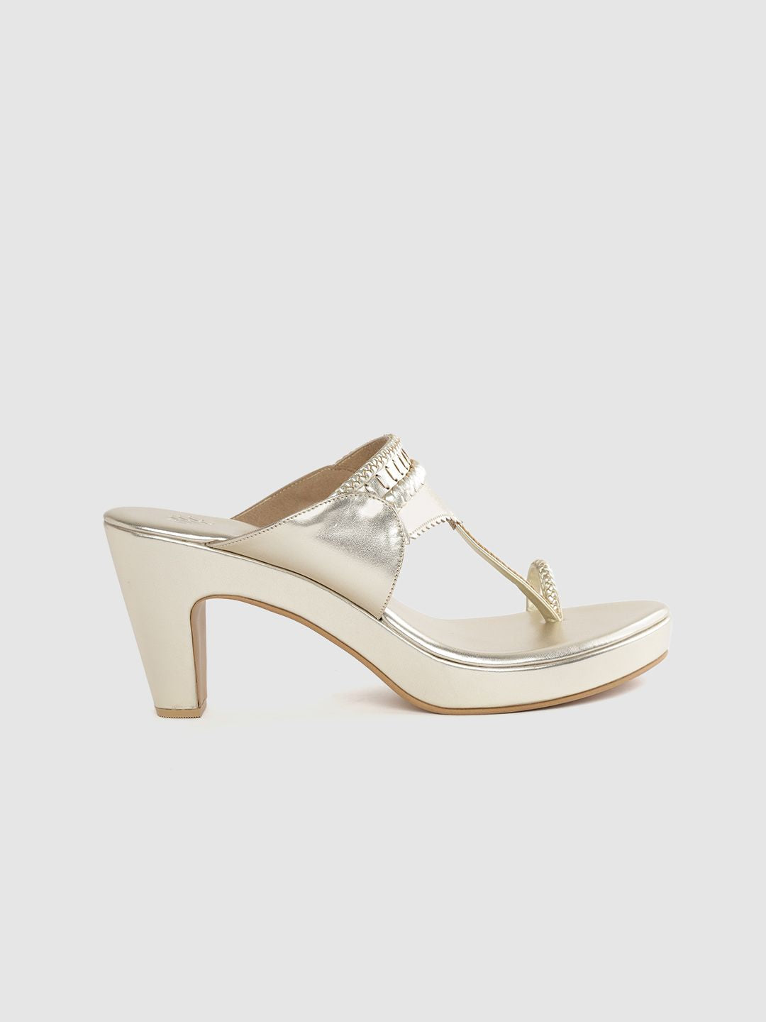House of Pataudi Women Muted Gold-Toned Braided Handcrafted One Toe Heels