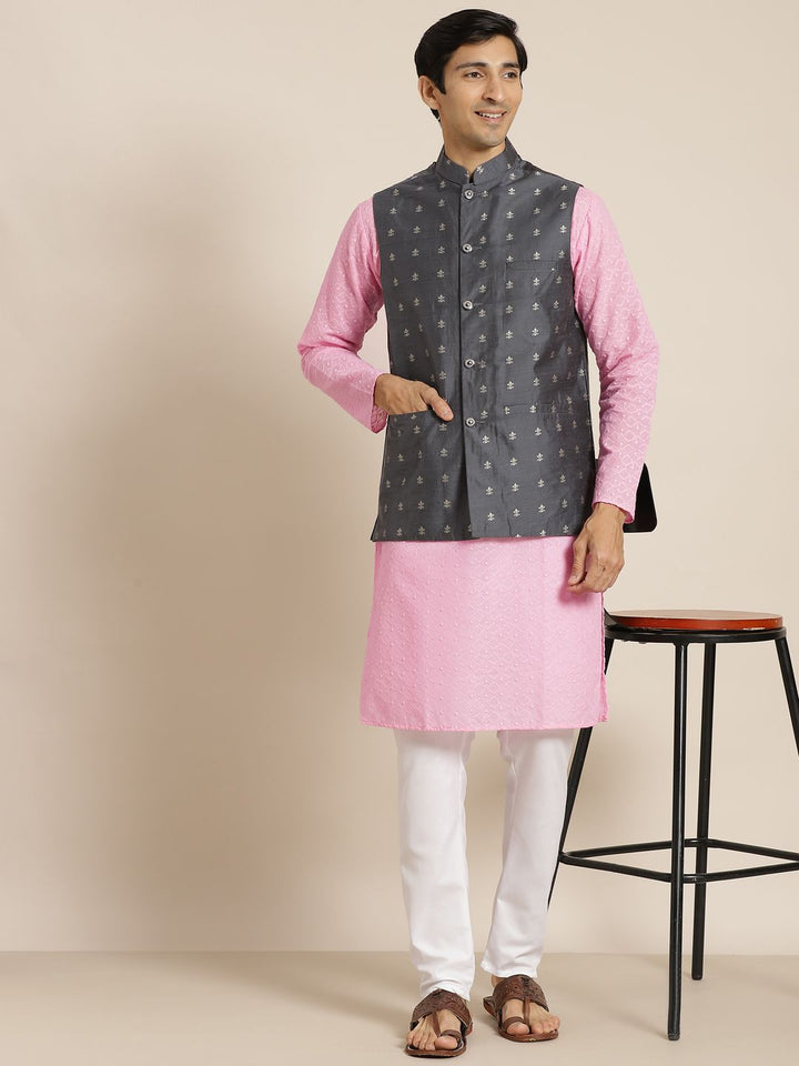 SOJANYA Men Pink Chikankari Pure Cotton Kurta with Churidar & Nehru Jacket