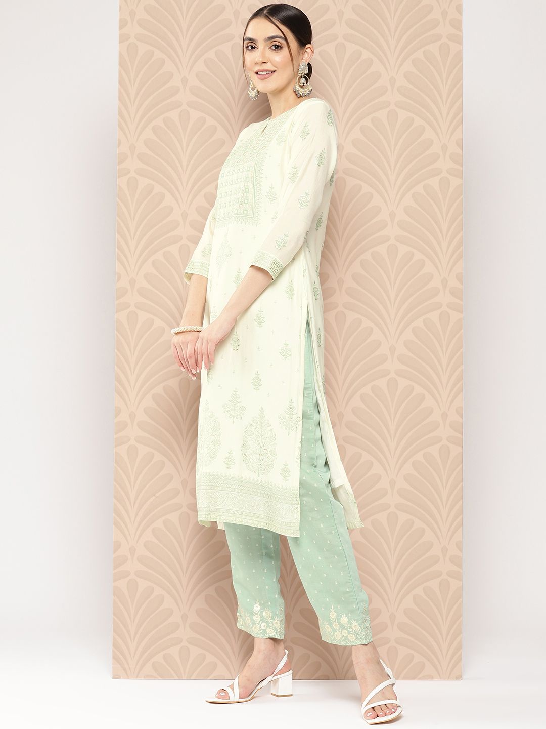 Libas Women Cream-Coloured Floral Printed Chanderi Silk Kurta with Trousers & With Dupatta