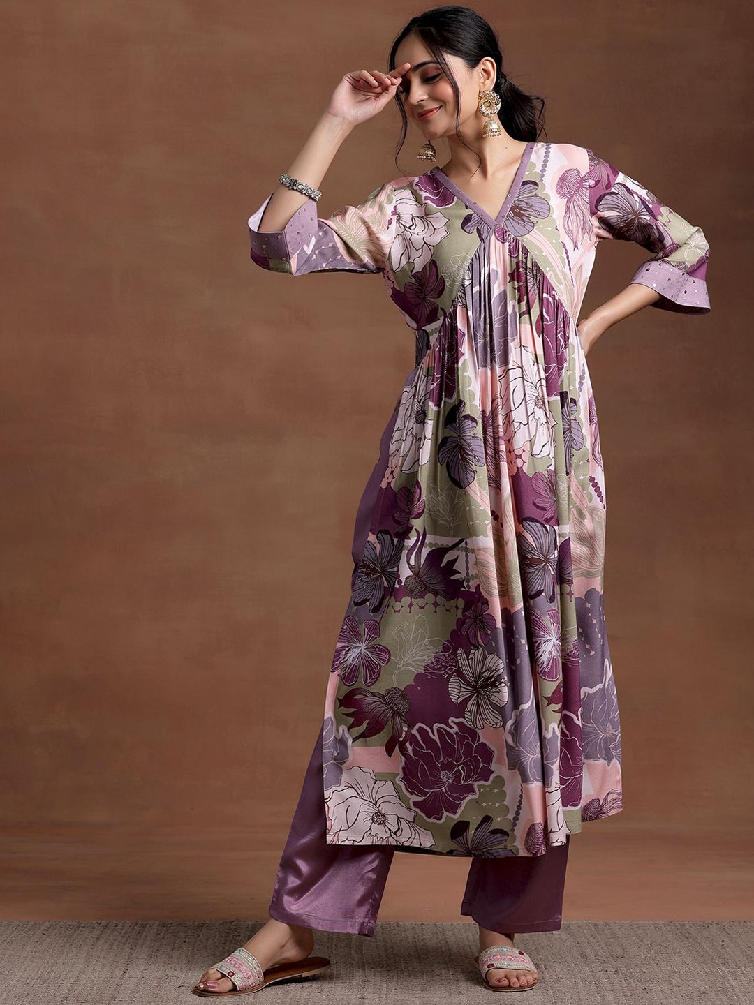 Libas V Neck Flared Sleeves Floral Printed Pleated A Line Kurta with Trouser