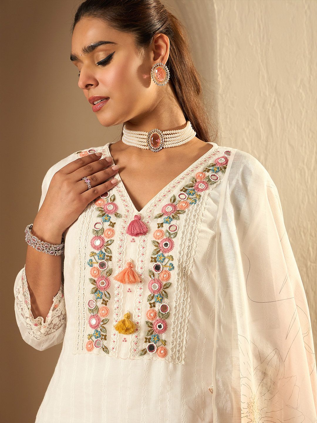 Indo Era Women Floral Embroidered Regular Thread Work Pure Cotton Kurta with Trousers & With Dupatta