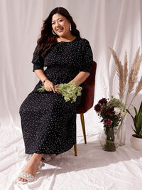CURVY STREET Black Polka Dots Printed Flared Round Neck Puff Sleeve Blouson Dress