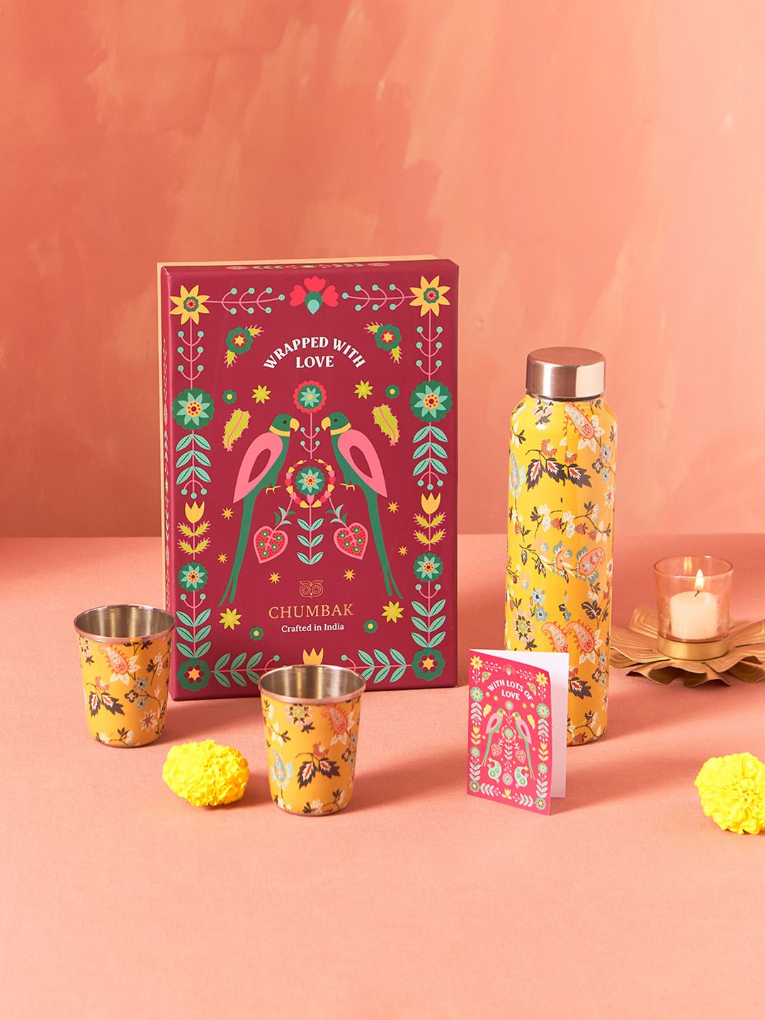 Chumbak Pixel Yellow & Blue 3 Pieces Printed Stainless Steel Drinkware Gift Set - 180 ml
