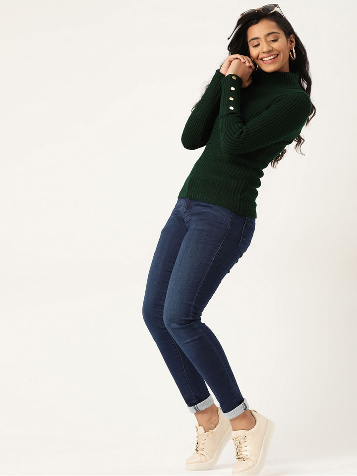 DressBerry Women Green Ribbed Pullover