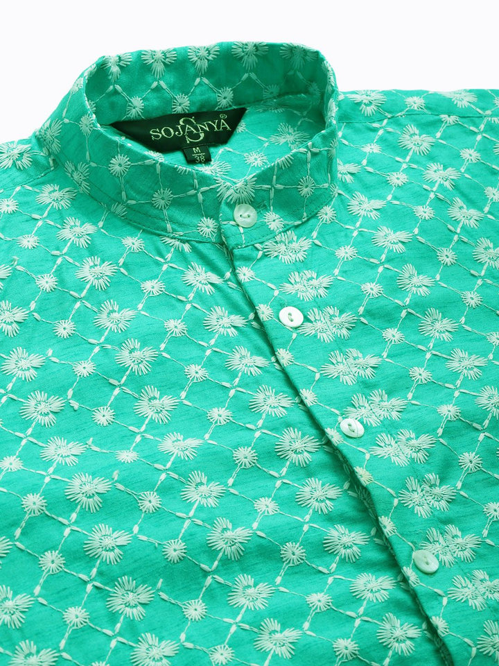 SOJANYA Men Yellow & Green Ethnic Motifs Embroidered Kurta with Churidar