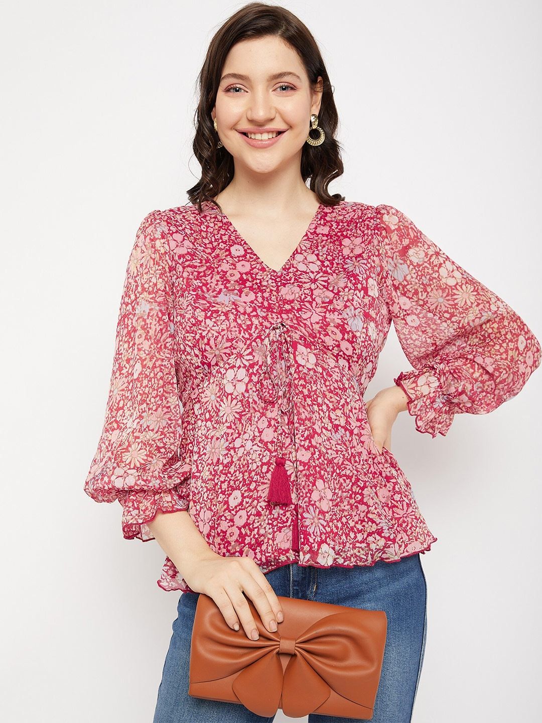 Antheaa Floral Printed Puff Sleeve Peplum Top