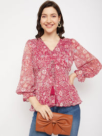 Antheaa Floral Printed Puff Sleeve Peplum Top