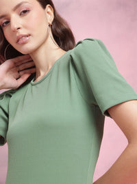 DressBerry Puff Sleeves Ribbed Bodycon Midi Dress