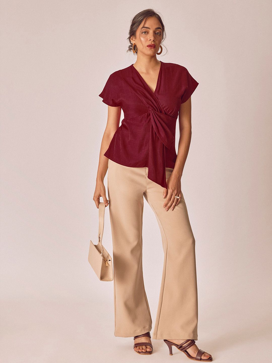 The Label Life V-Neck Extended Sleeves Asymmetric Front Twisted Top