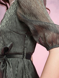 DressBerry Geometric Self-Design Puff Sleeves Party Fit & Flare Dress with Belt
