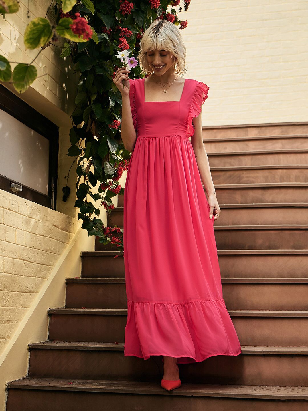 SASSAFRAS Square Neck Sleeveless Georgette Maxi Dress