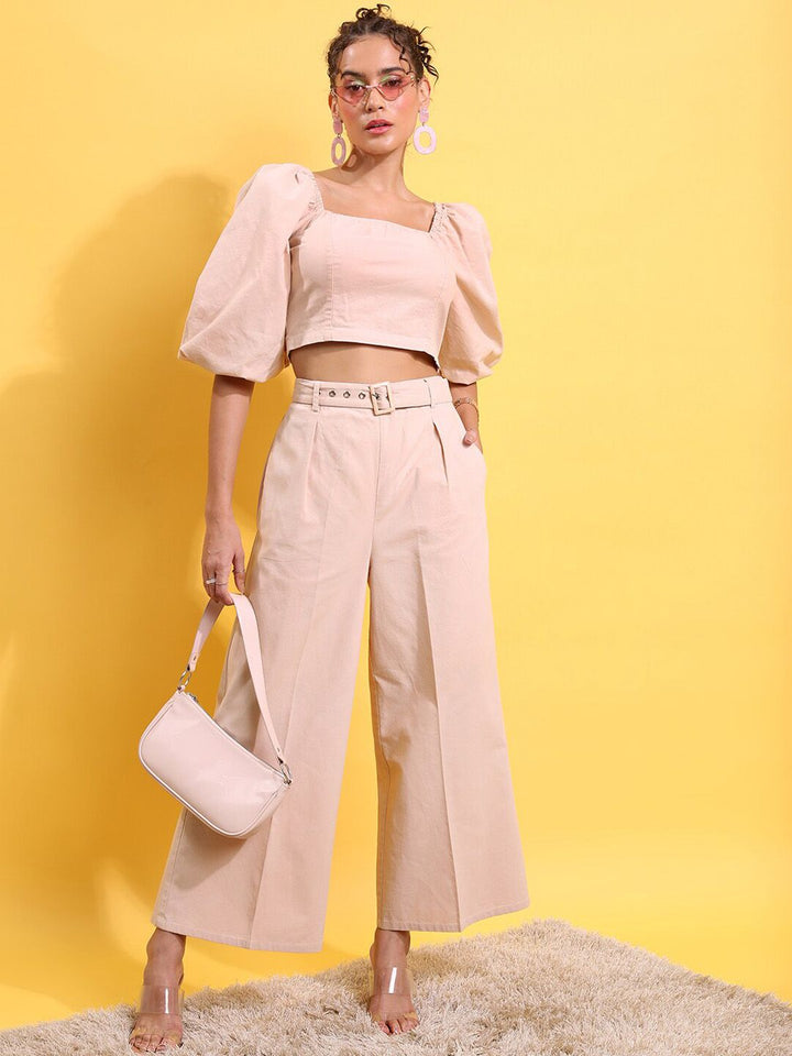 Tokyo Talkies Cropped Top With Flared Trouser & Belt