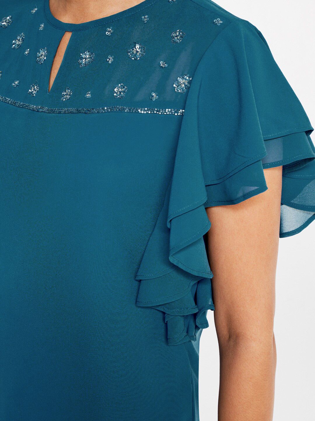 AND Embellished Sequinned Keyhole Neck Flutter Sleeve Top