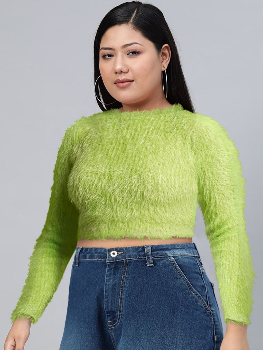 Tokyo Talkies Green Self Design Acrylic Crop Pullover