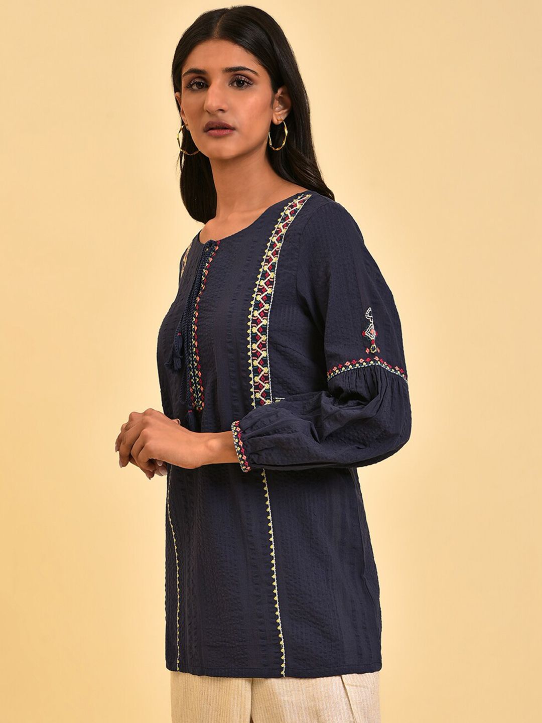 W Ethnic Motifs Embroidered Tie-Up Neck Cuffed Sleeve Cotton Regular Top