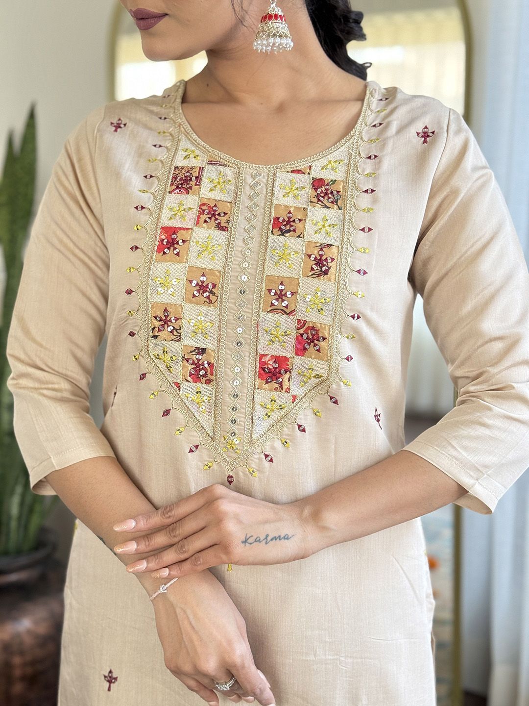 KALINI Floral Embroidered Sequnnied Straight Kurta With Trousers And Dupatta