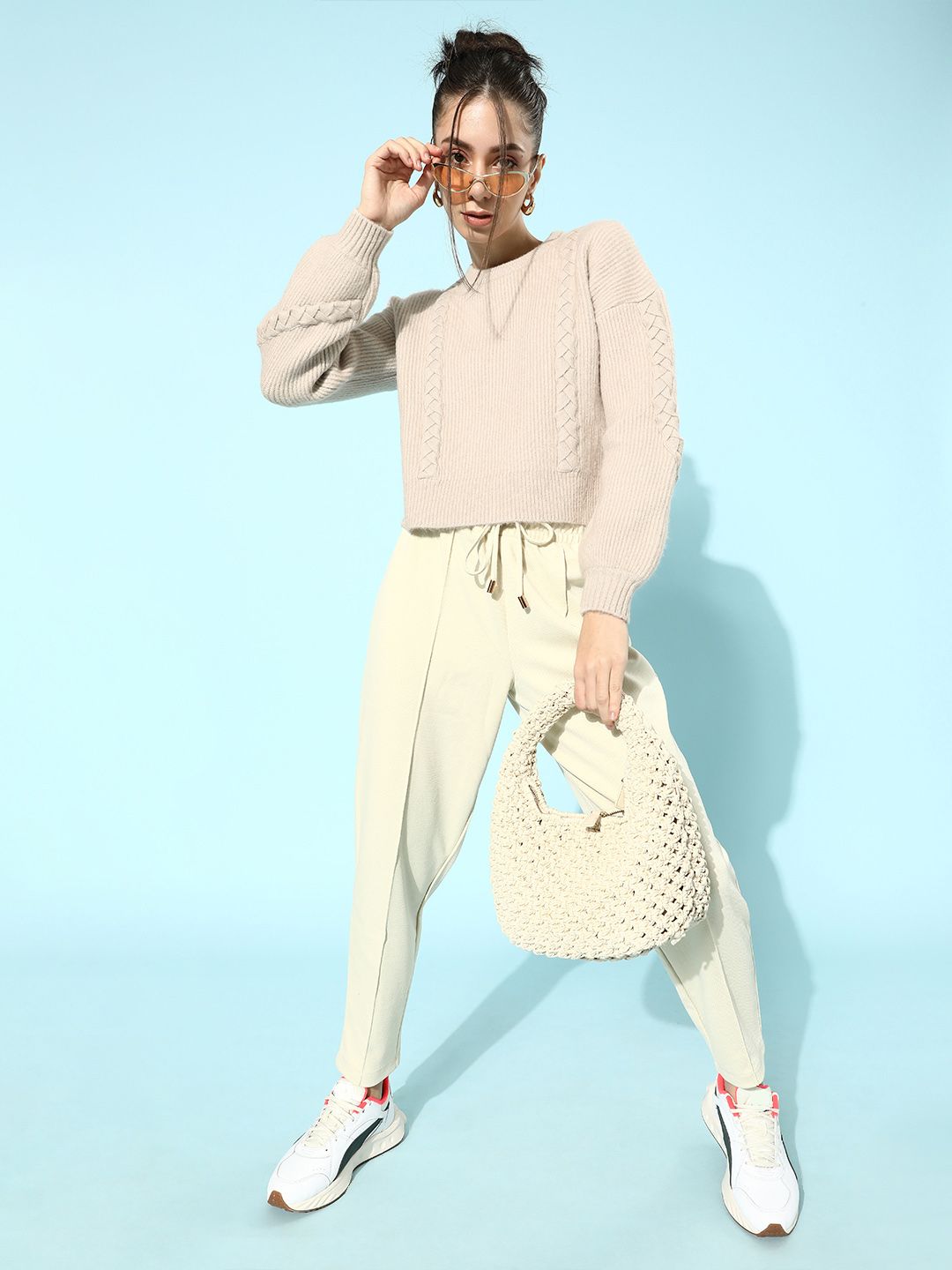STREET 9 Women Cream-Coloured Acrylic Ribbed Pullover